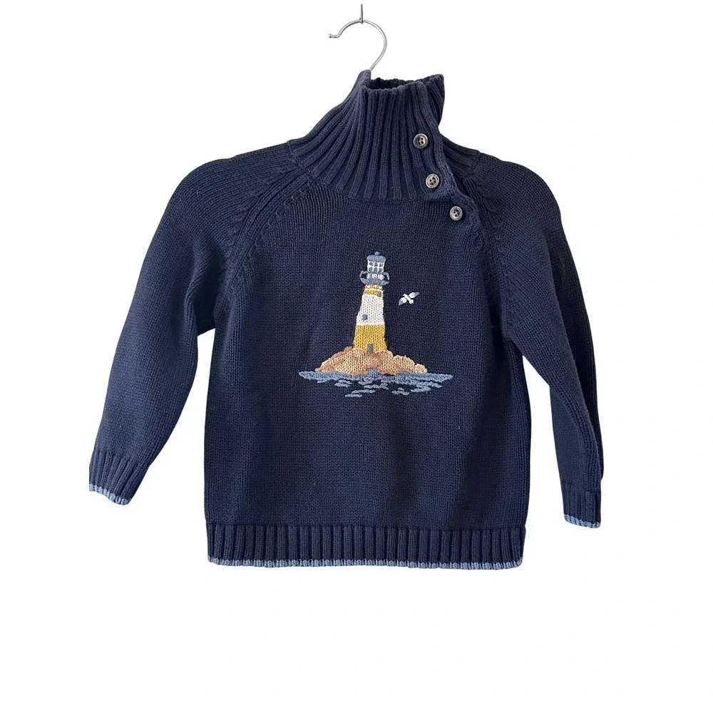 Janie and Jack Navy Lighthouse Embroidered Turtleneck Sweater 18-24 Month Cotton